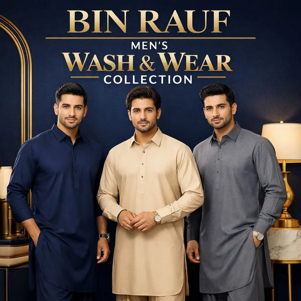 "Bin Rauf Men’s Wash & Wear Collection featuring three South Asian men in elegant shalwar kameez outfits in navy, beige, and grey, posed against a sophisticated backdrop, highlighting premium, comfortable, and stylish daily and formal wear."