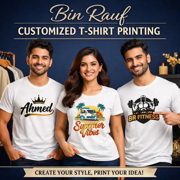 "Bin Rauf Customized T-Shirt Printing Collection with three South Asian models in white T-shirts featuring unique personalized prints, posing confidently against a Midnight Navy background with Metallic Gold and Beige accents."