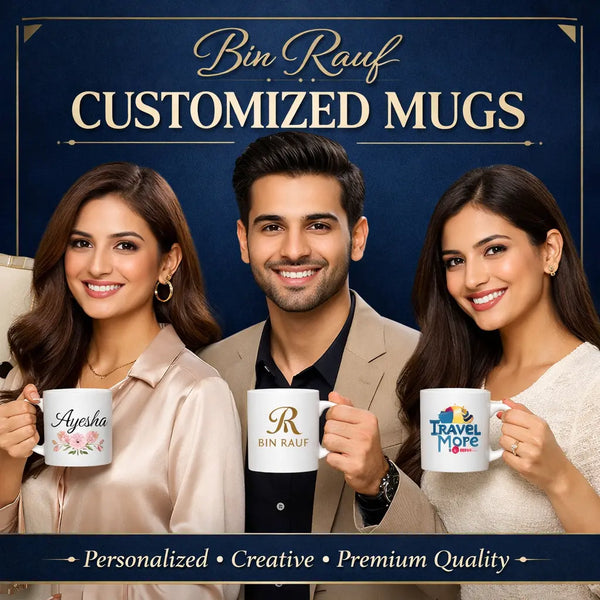 "Bin Rauf Customized Mugs Collection with three South Asian models holding white mugs with unique personalized prints, smiling against a Midnight Navy background with Metallic Gold and Beige accents, showcasing creativity and premium quality."