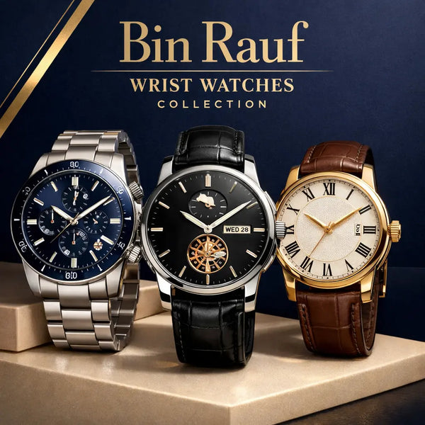 Bin Rauf Wrist Watches Collection featuring three luxury wrist watches with metal and leather straps displayed on a Midnight Navy background with Metallic Gold accents, highlighting premium design, elegance, and modern style