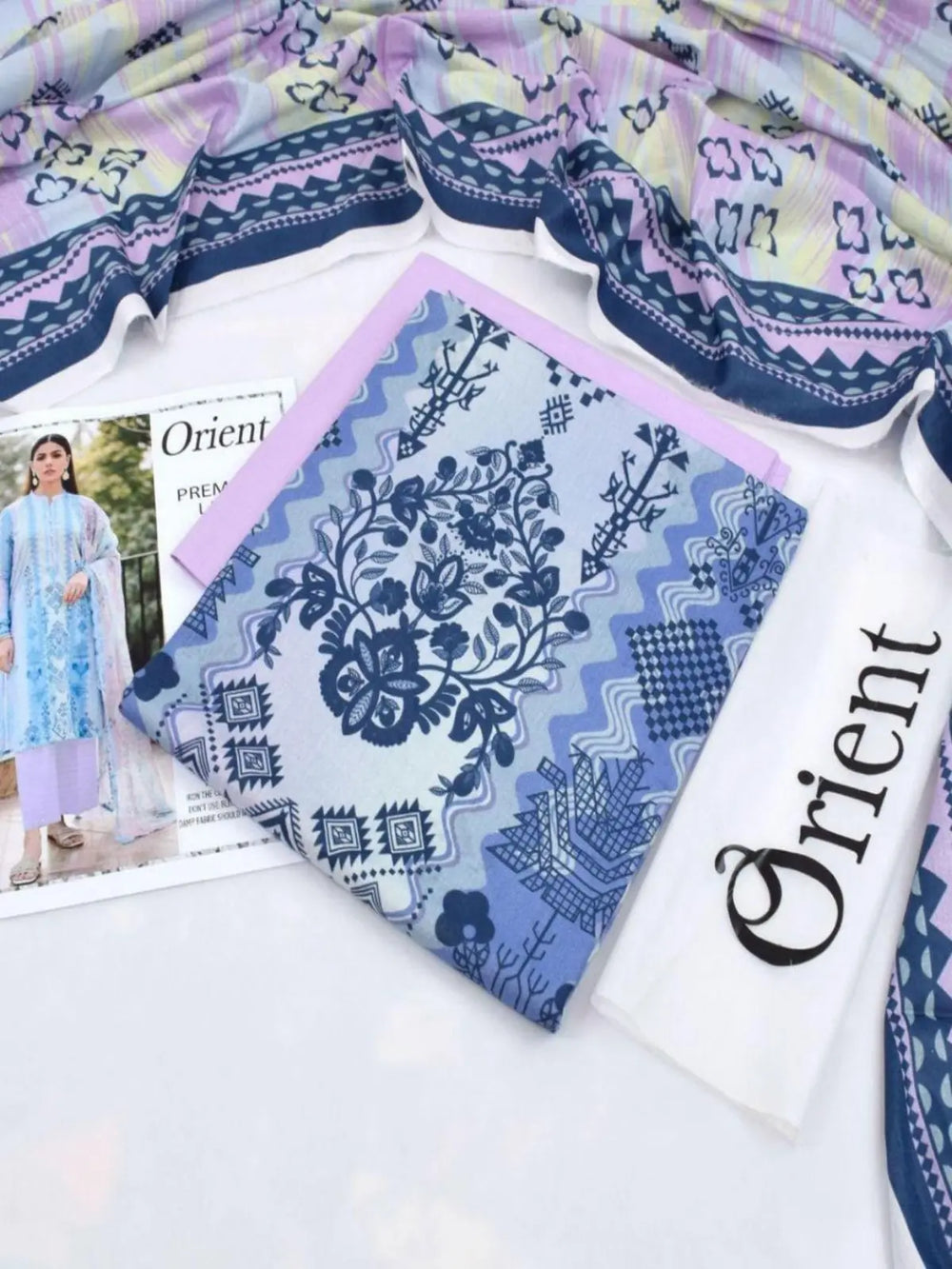 Blue printed unstitched lawn suit set for women with floral and geometric patterns