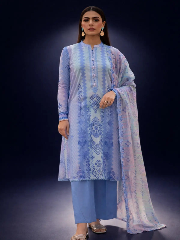 Women's blue printed unstitched lawn suit with matching dupatta and straight pants