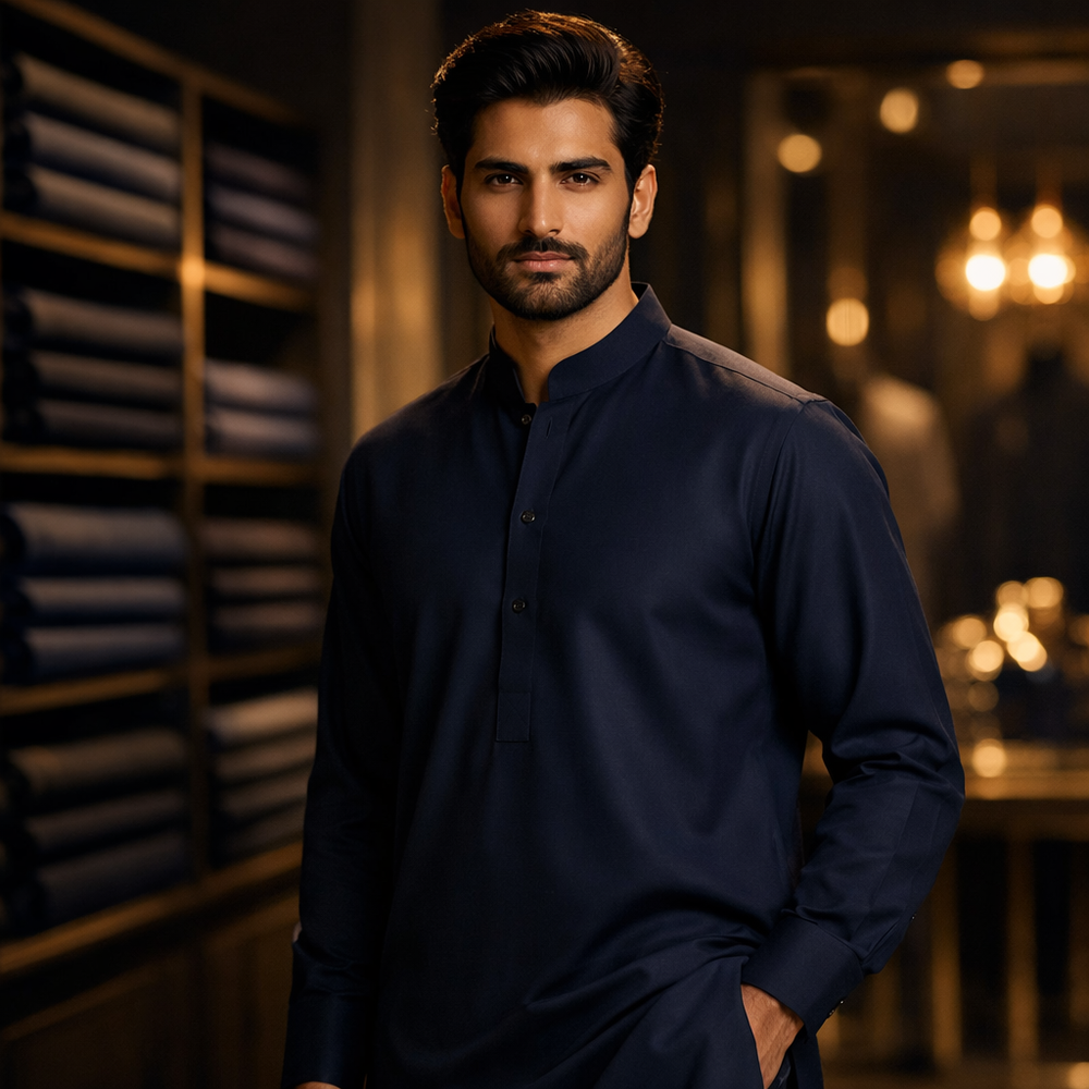 Man wearing a dark blue kurta in a modern fabric showroom, men's fashion collection