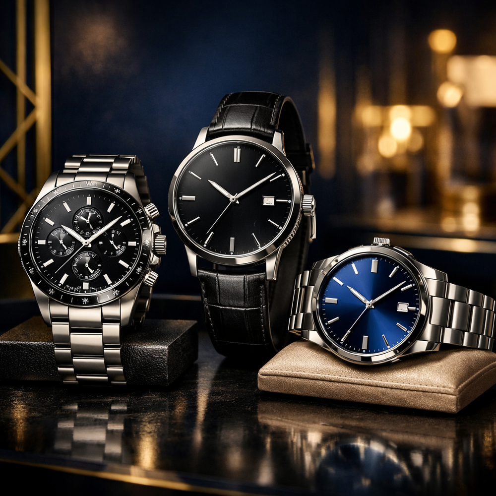 Luxury men’s wrist watches with metal and leather bands, black and blue dials, elegant display