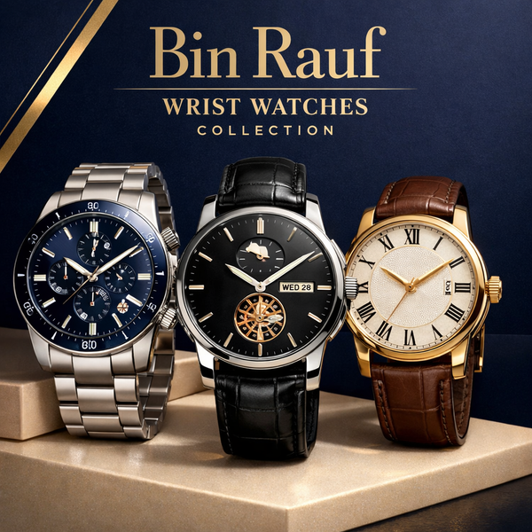 Three elegant men's wrist watches with metal and leather bands in a luxury display