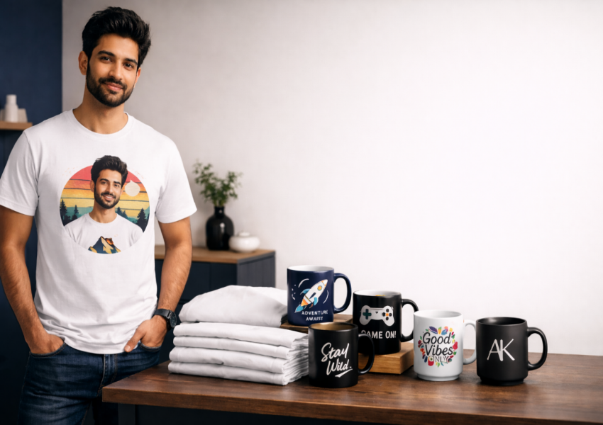 Man wearing custom printed t-shirt beside personalized mugs and folded shirts on table