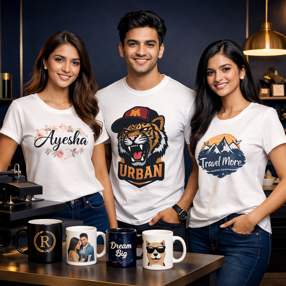 Three people wearing custom printed T-shirts, with personalized printed mugs on a table.