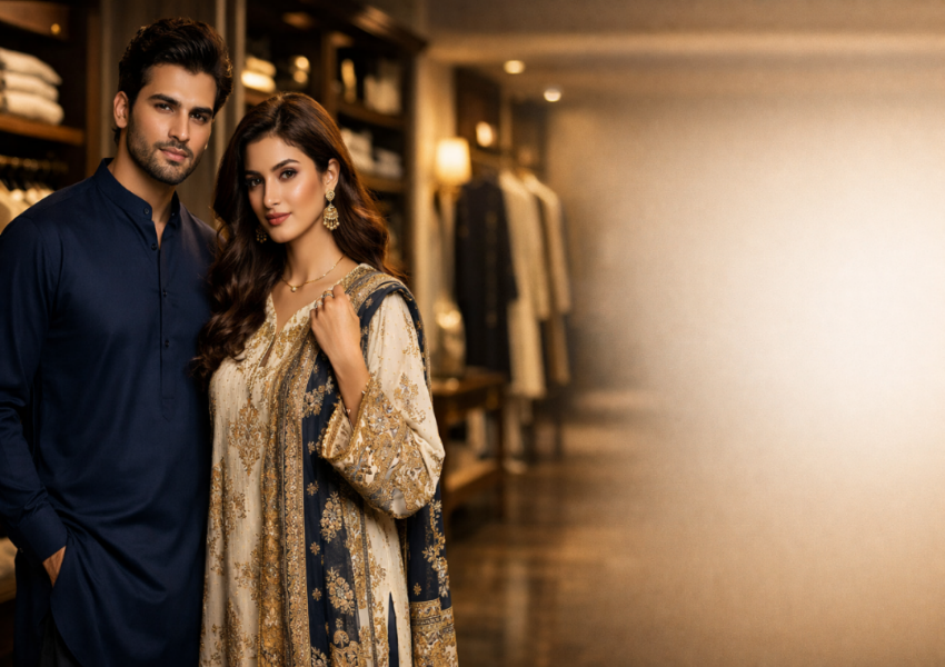 Elegant man in navy kurta and woman in embellished traditional dress in a fashion boutique