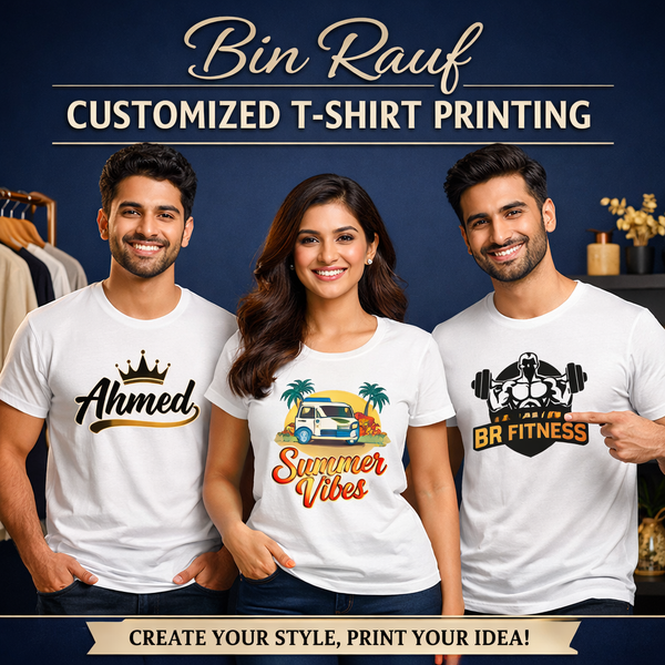 Three smiling people wearing custom printed T-shirts with unique designs and text.