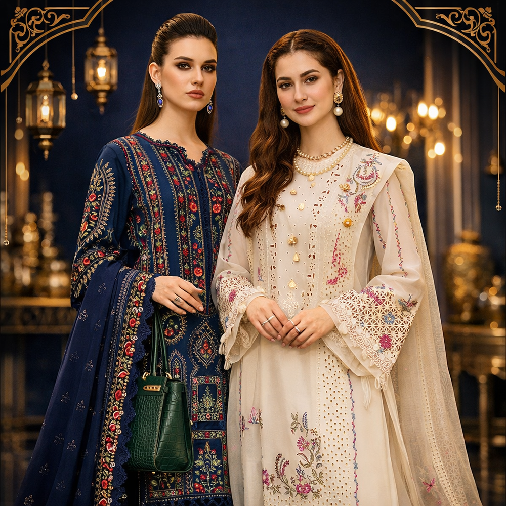 Two women in elegant embroidered ethnic dresses with floral patterns and jewelry, indoors.