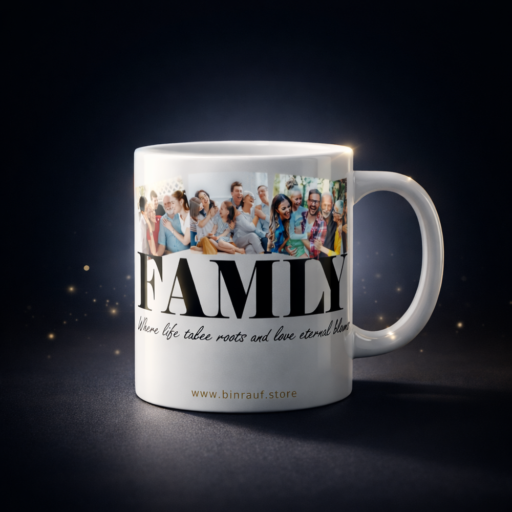 White mug with family photo and text on a dark background