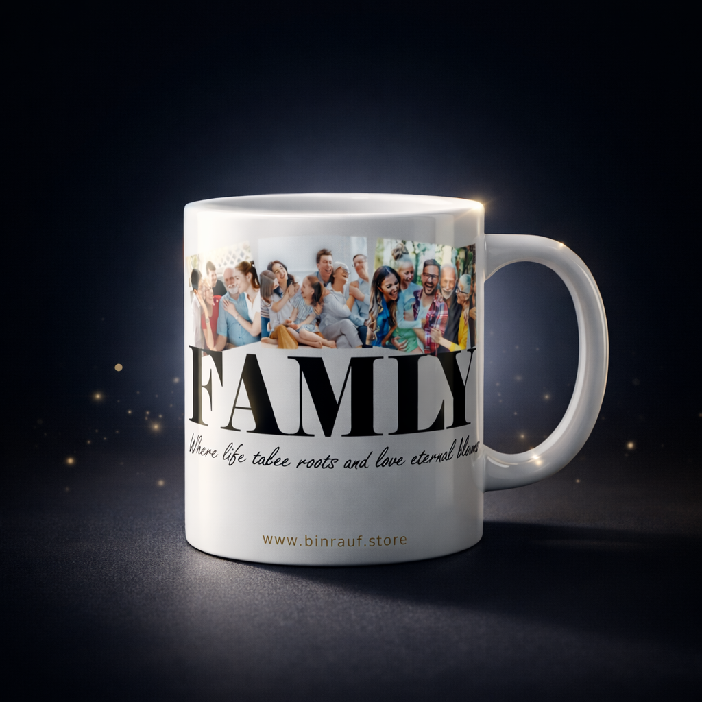White mug with family photo and text on a dark background