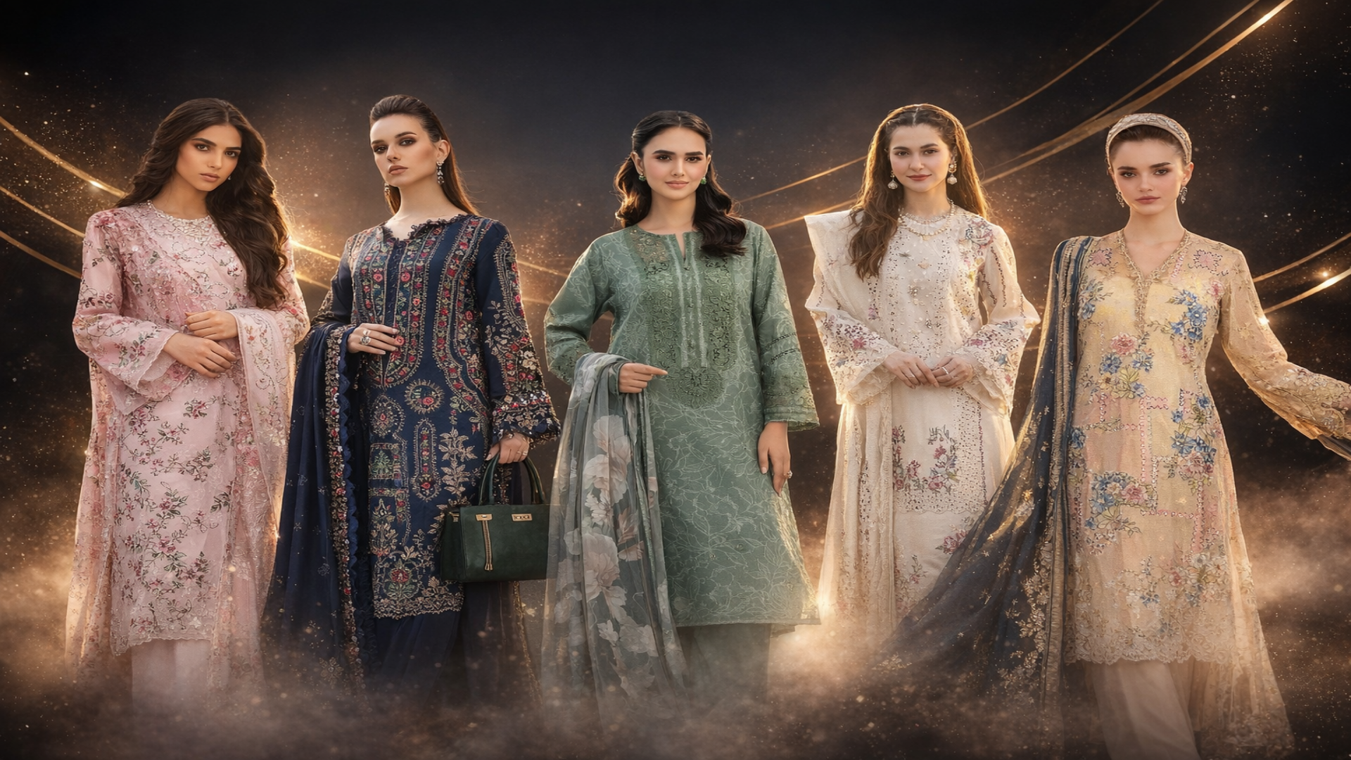Five women in elegant traditional embroidered outfits posing against a dark starry background.