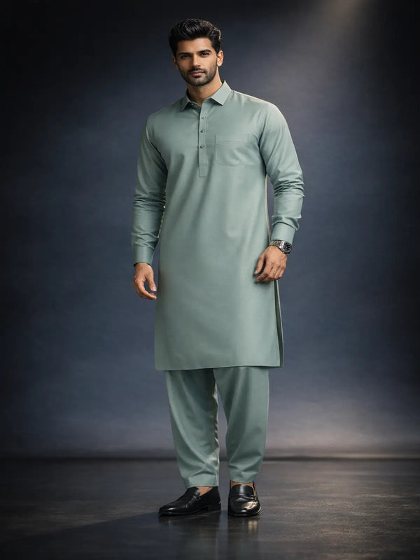 Men's light green wash and wear shalwar kameez suit, full sleeves, classic collar, formal look