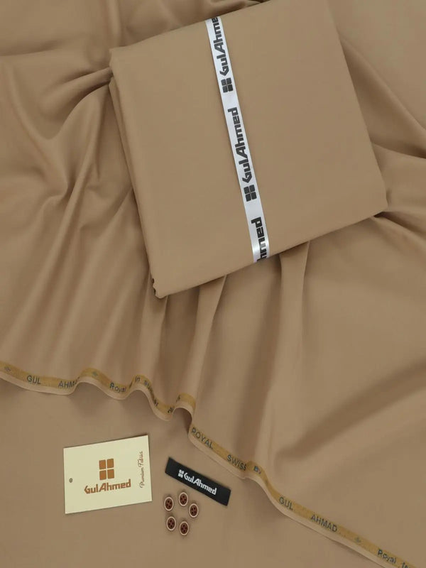 Light brown unstitched fabric for men’s suit with Gul Ahmed labels and matching buttons.