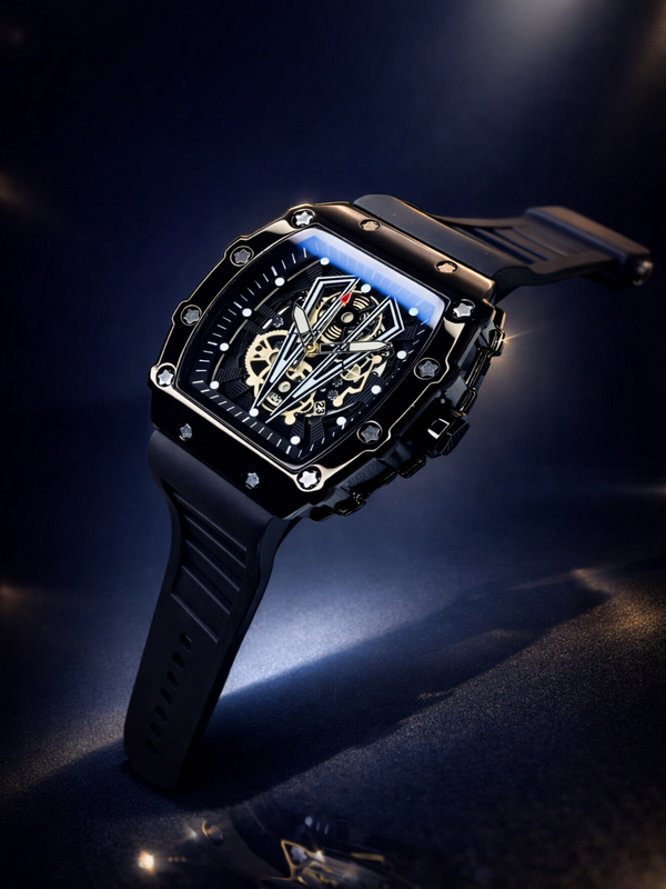Luxury watch with a black strap and intricate design on a dark background