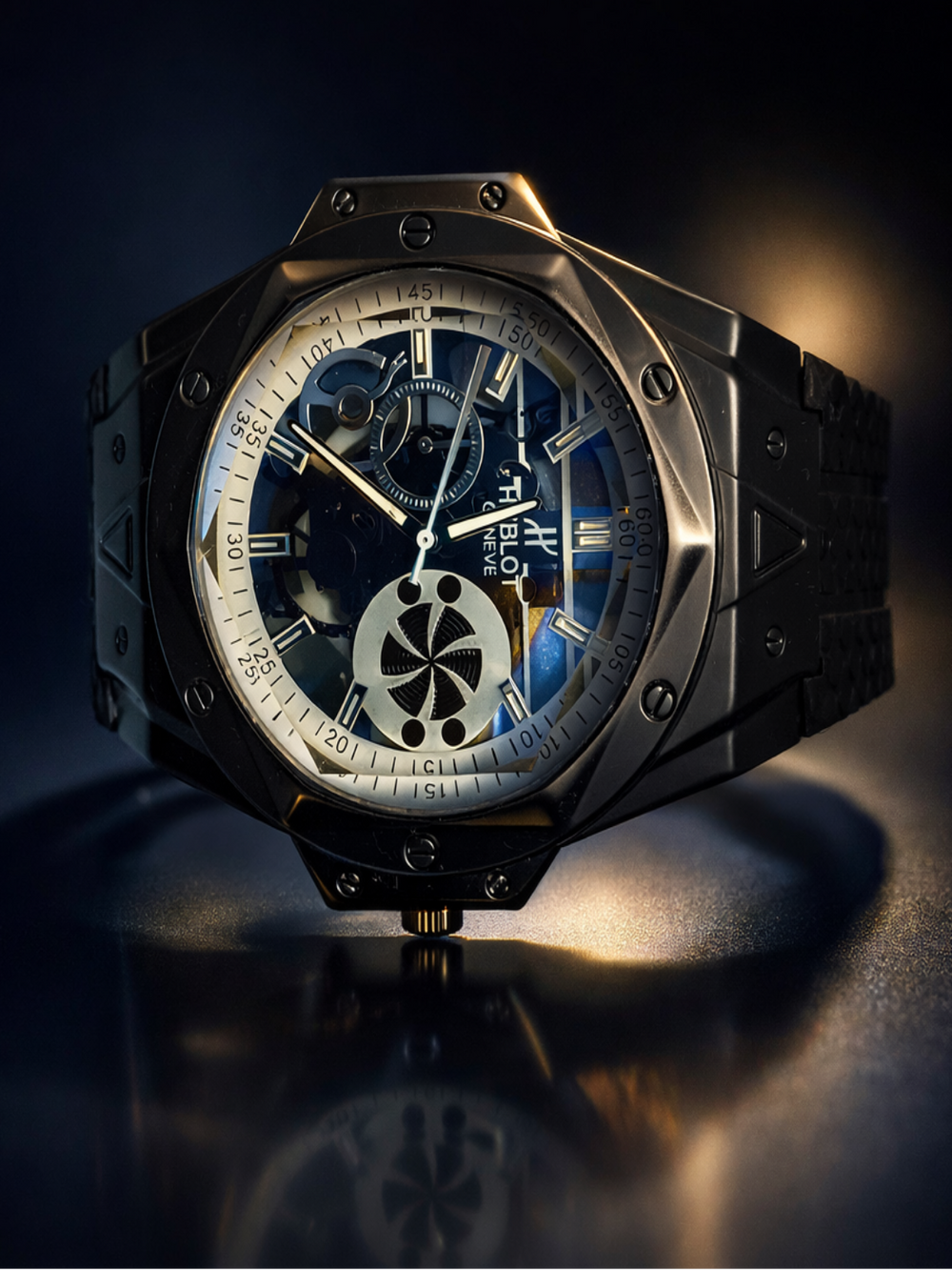 Luxury watch with intricate design on a dark background