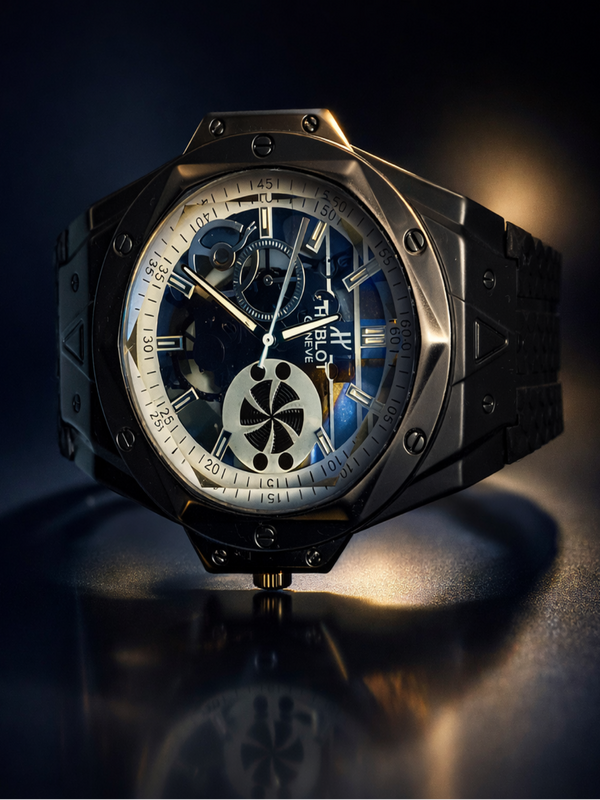 Luxury watch with intricate design on a dark background