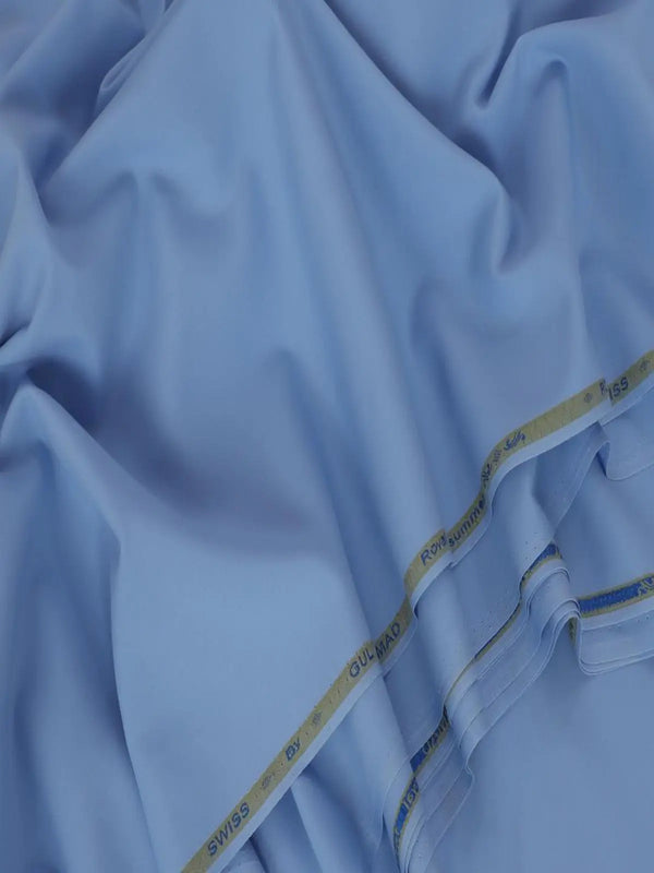 Men's blue wash and wear unstitched suit fabric with gold trim on edge