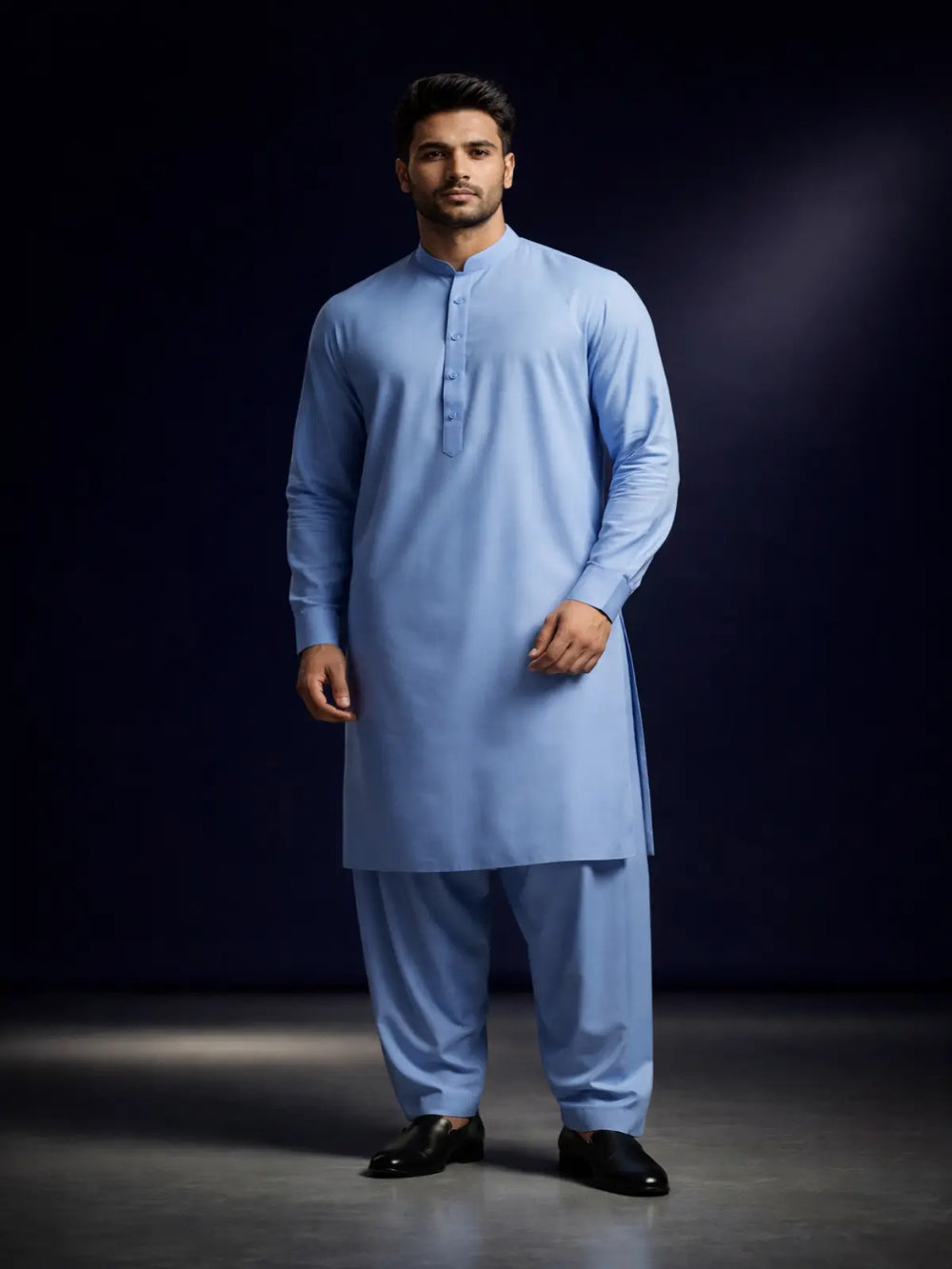 Men's light blue shalwar kameez suit, classic design, long sleeves, standing model