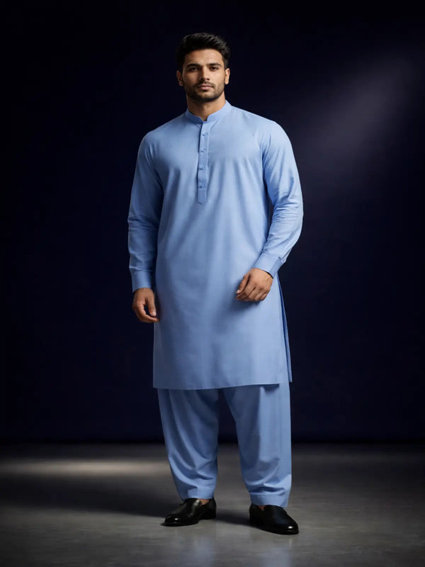 Men's light blue shalwar kameez suit, classic design, long sleeves, standing model