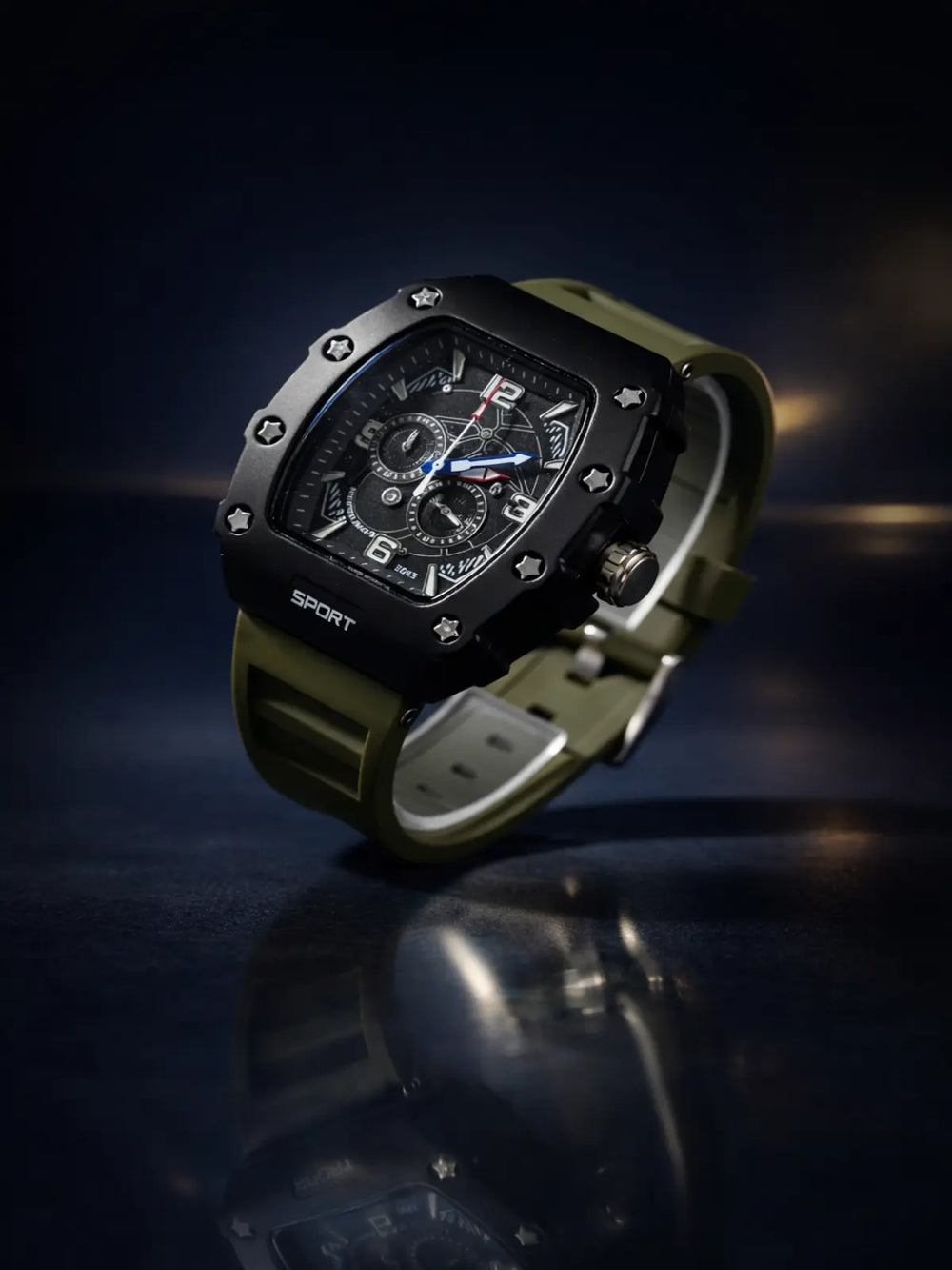 Men's black silicone sports watch with olive green strap and chronograph dial on dark background