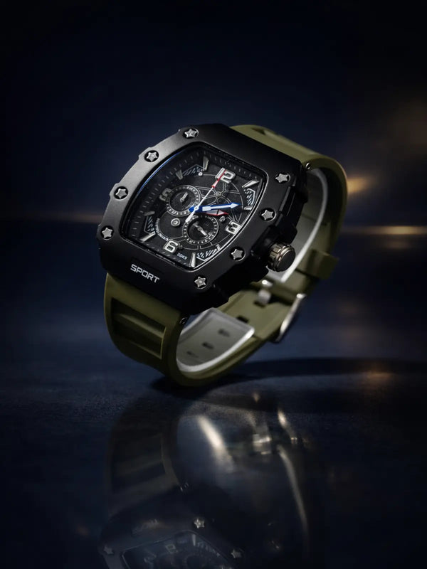 Men's black silicone sports watch with olive green strap and chronograph dial on dark background