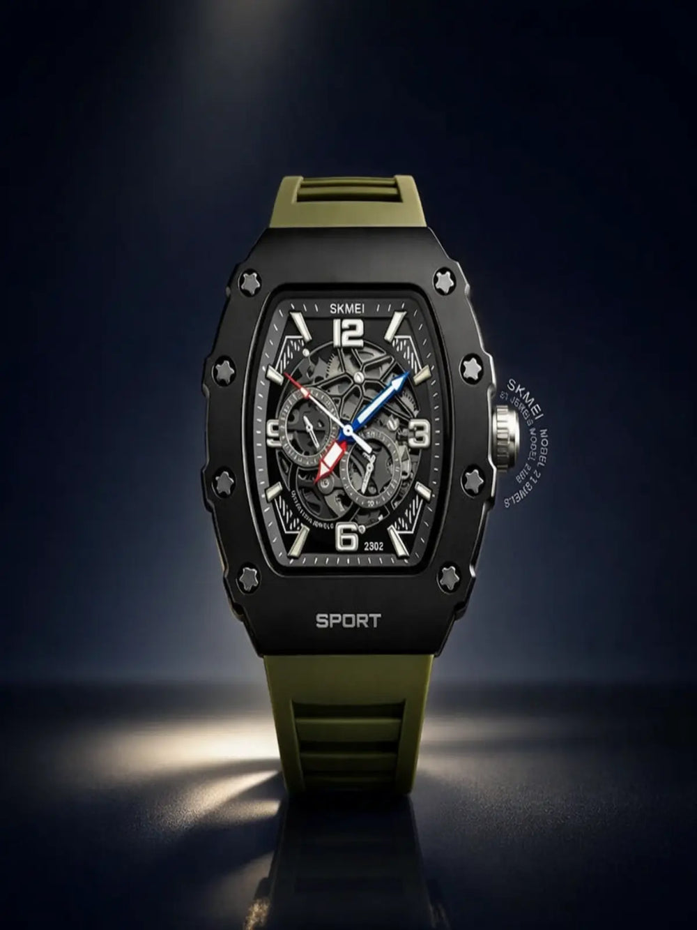 Men's black and olive silicone sports watch with skeleton dial and water-resistant design