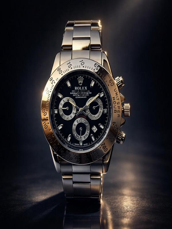 Luxury watch with a dark face and metallic band on a reflective surface