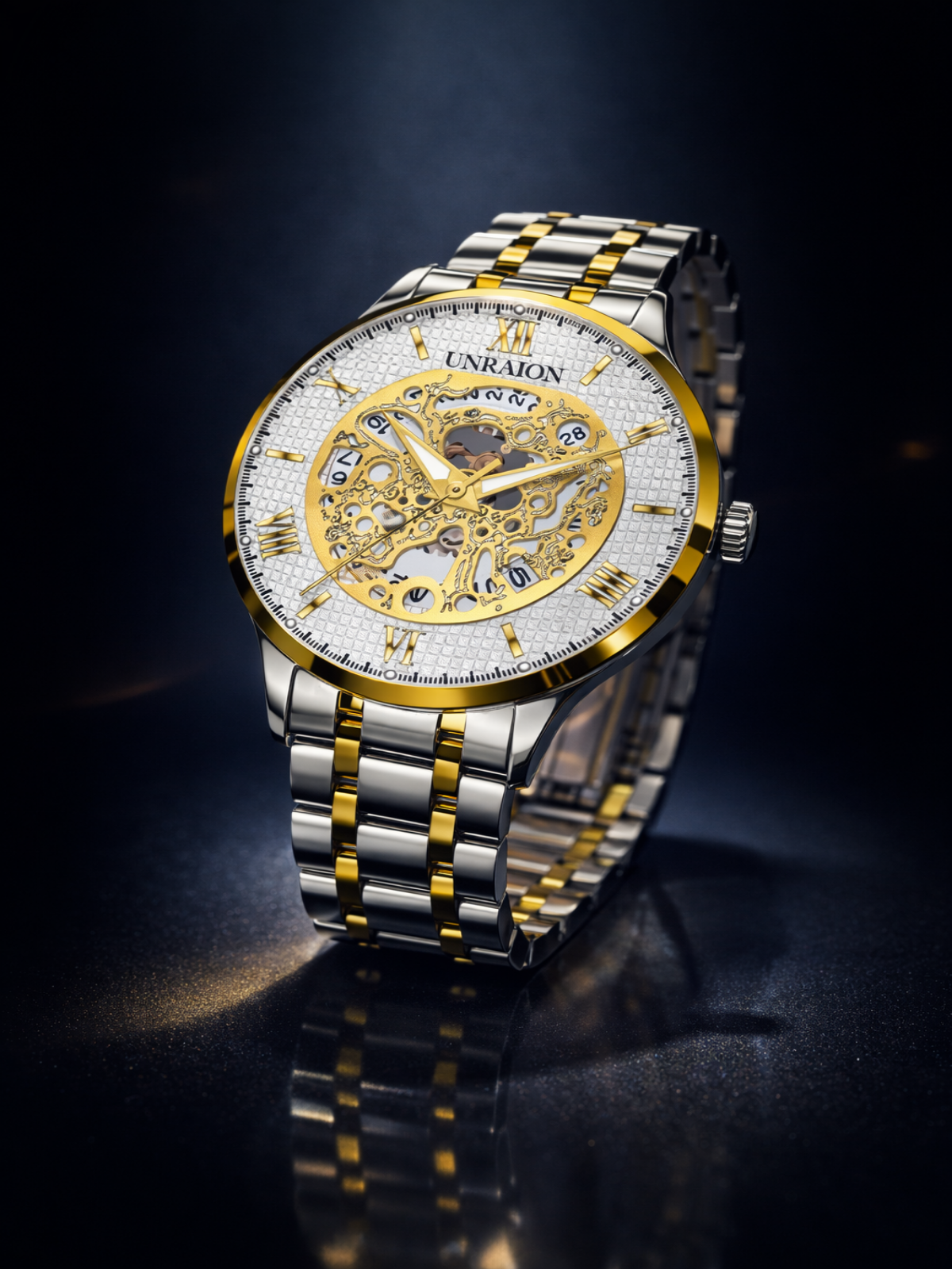 Luxury watch with gold and silver band on a dark background
