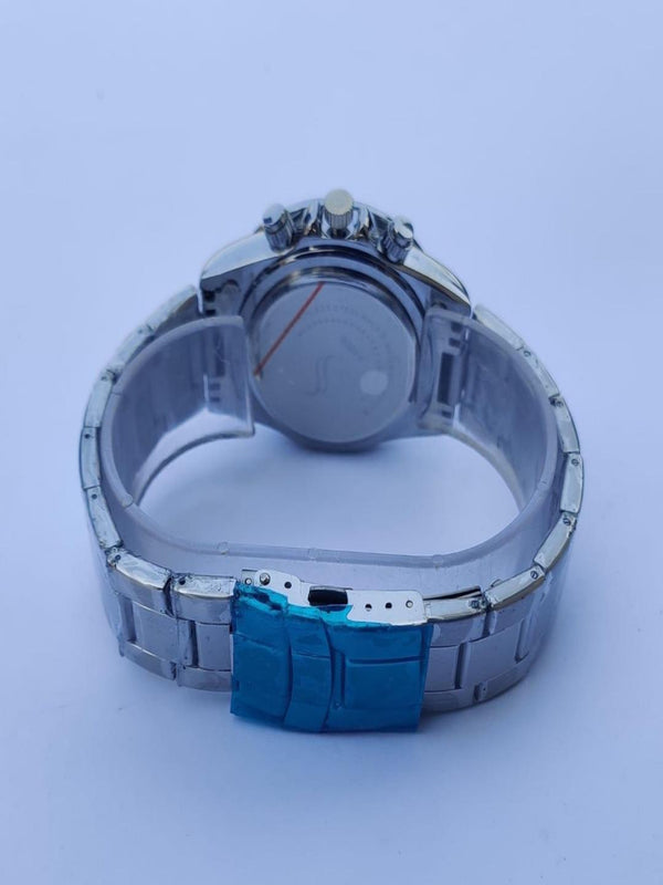 Silver watch with a blue band on a light gray background