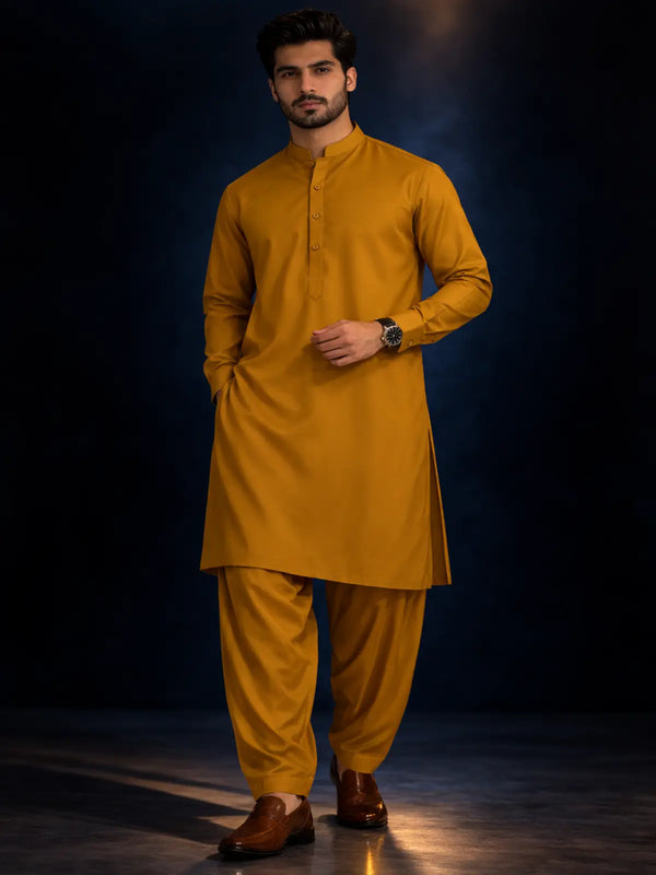 Men's mustard unstitched wash wear suit with shalwar kameez style, traditional attire
