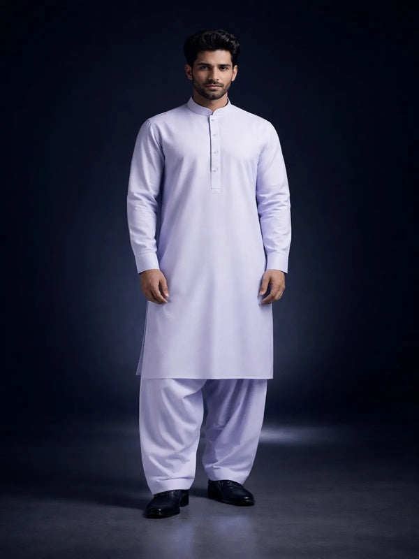 Men's white wash and wear unstitched suit fabric displayed on model in shalwar kameez style