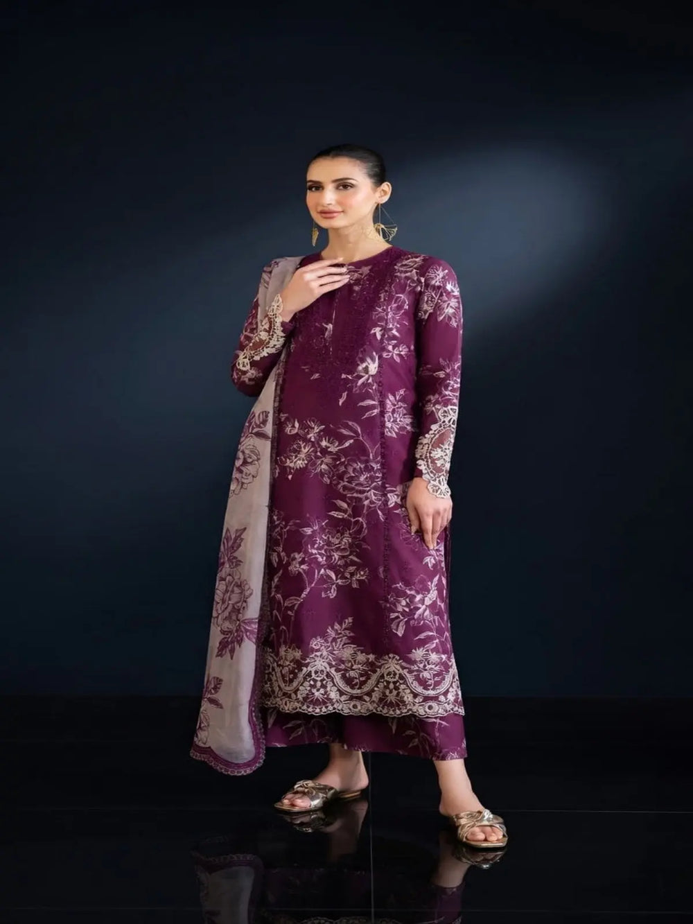 Woman wearing purple printed lawn suit with floral designs and chiffon dupatta