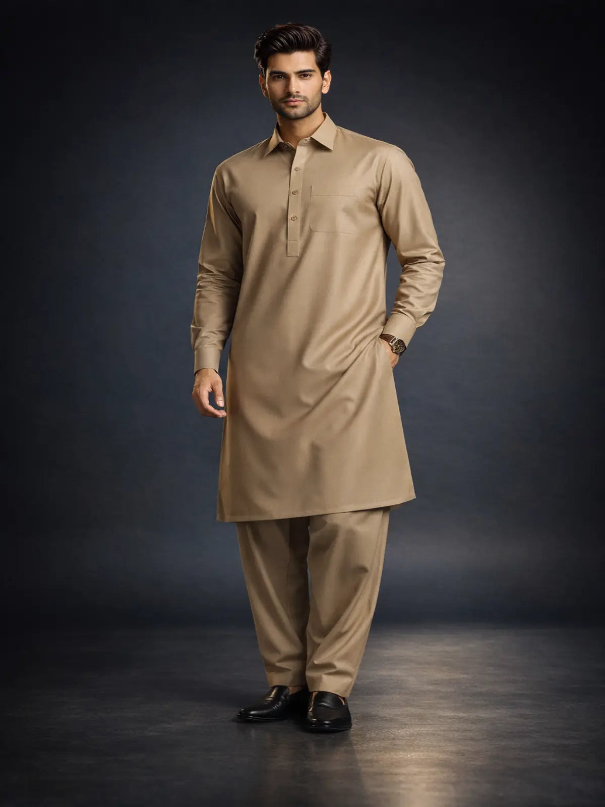 Man wearing light brown wash and wear shalwar kameez suit, formal and stylish look