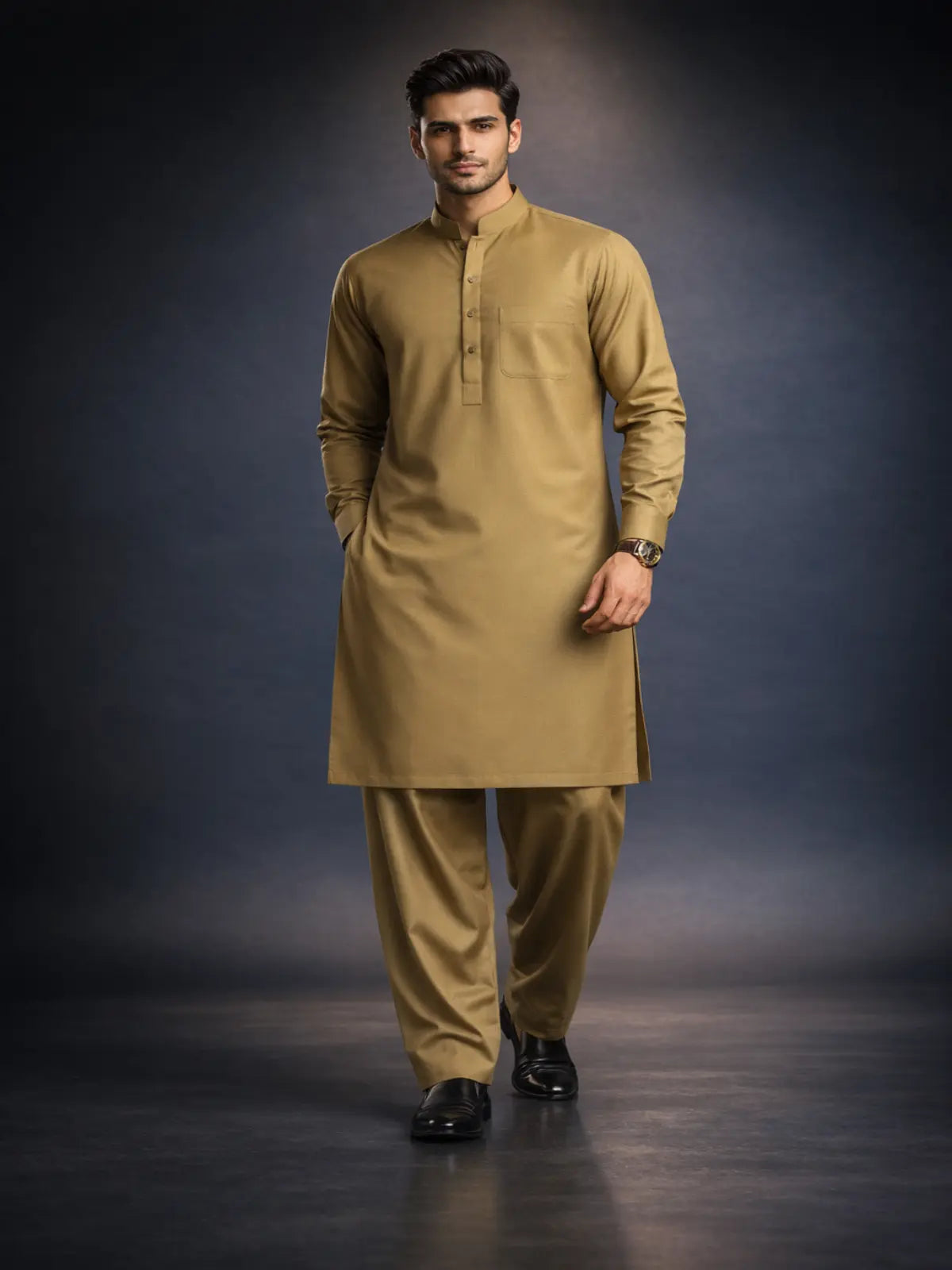 Man wearing premium green unstitched shalwar kameez suit, perfect for office or weddings