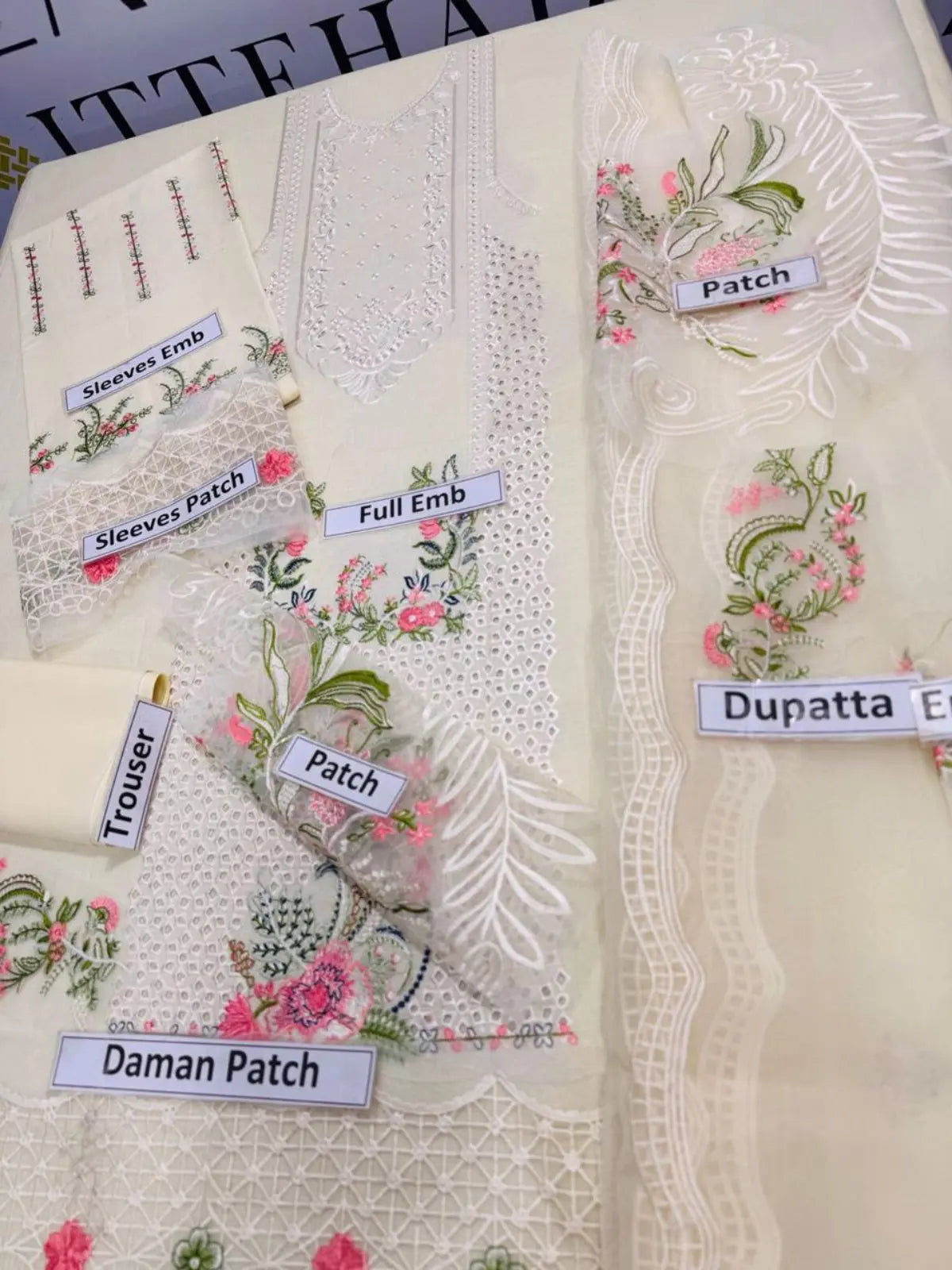 Unstitched off-white embroidered suit fabric with floral patches and lace detailing