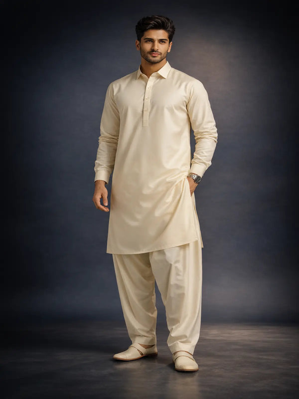 Men’s off-white unstitched shalwar kameez suit fabric displayed on model