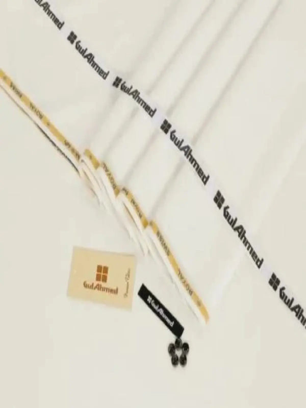 Off white unstitched men’s fabric set with Gul Ahmed branding, tag, and black buttons.